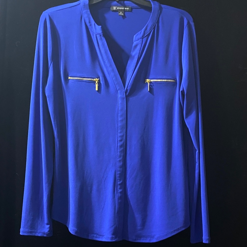 INC International Concepts Royal Blue Blouse with Gold Zipper Details - Picture 4 of 4
